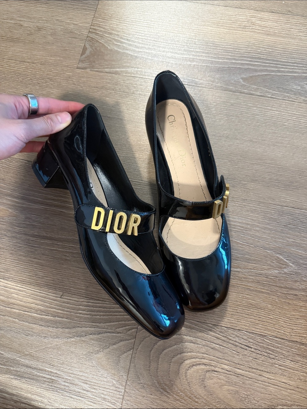 Dior black patent leather square toe block heel mary janes shoes